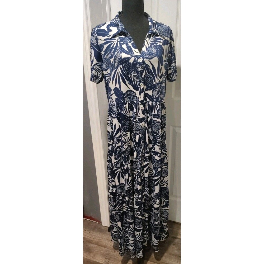 La Mer Luxe Maxi Dress Blue and White Floral Tropical Print Women's Size Large